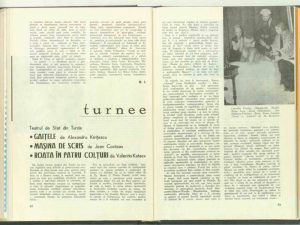 Ileana Popovici, Cronica dramatică: Gaiţele de Al. Kiriţescu, Maşina de scris de J. Cocteau (Teatrul de Stat din Turda) în Revista Teatrul, Nr. 7/1972, pp. 48-50