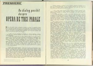 Un dialog posibil despre „Opera de trei parale” de Bertolt Brecht (Premieră la Teatrul „Lucia Sturdza Bulandra”), Revista Teatrul nr. 1/1965
