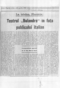 Ana Maria Narti, Teatrul Bulandra în fața publicului italian - România Liberă 23 aprilie 1970, sursa material: Teatrul Bulandra