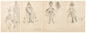Schiţe pentru costumele spectacolului Umbra de Evghenii Șvarț, regia David Esrig, scenografia Ion Popescu-Udrişte, Teatrul de Comedie, 1963, sursa: artmark.ro ©colecția Lia Manţoc şi Ovidiu Cavasi.