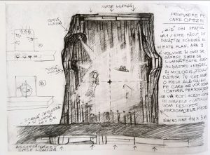 1. Schiță decor pentru spectacolul La țigănci după Mircea Eliade, regia: Alexander Hausvater, Teatrul „Odeon” București, 1993, premiera: 22 iunie 1993 © Mugur Avrunescu, La țigănci... cu Popescu, ediția revăzută și adăugită, Editura Oscar Print, București, 2021, p. 48