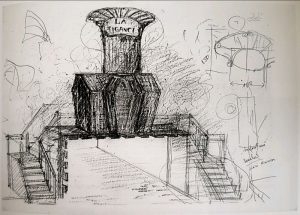 2. Schiță decor pentru spectacolul La țigănci după Mircea Eliade, regia: Alexander Hausvater, Teatrul „Odeon” București, 1993, premiera: 22 iunie 1993 © Mugur Avrunescu, La țigănci... cu Popescu, ediția revăzută și adăugită, Editura Oscar Print, București, 2021, p. 49