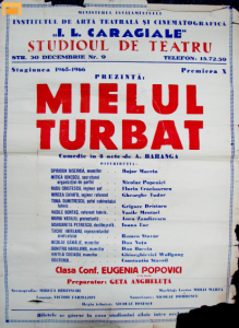 Afișul spectacolului Mielul turbat, de Aurel Baranga, în regia Eugeniei Popovici. IATC (Universitatea Națională de Artă Teatrală și Cinematografică I. L. Caragiale), București, 21.03.1966. Sursă: ©Arhivele UNATC